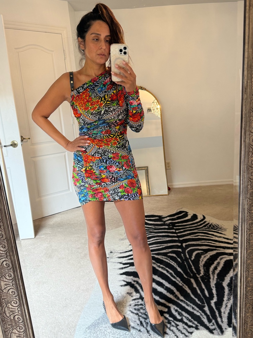One-Shoulder Floral Print Dress - Multicolor